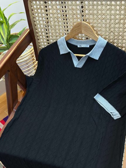 BLACK WITH ASH RIPPED KNITTED POLO